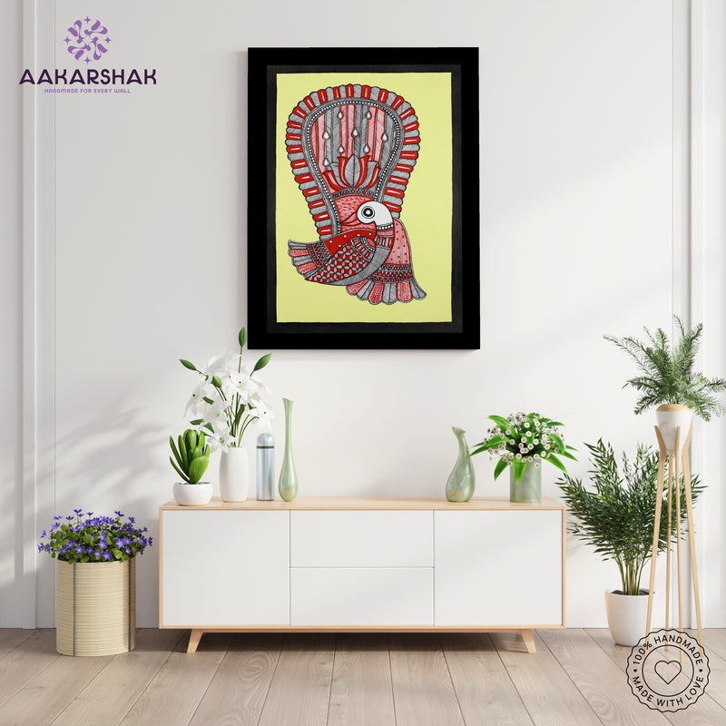 Side view of framed Madhubani artwork with acrylic glass and wooden frame