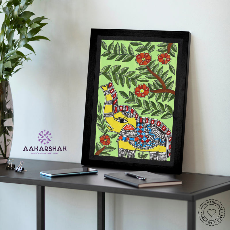 Traditional Indian wall painting displayed in modern home interior setting