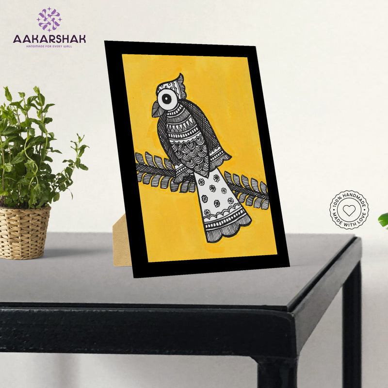 Side view of framed Madhubani artwork with acrylic glass and wooden frame