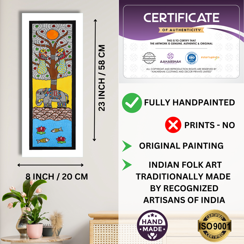 Handmade Madhubani Painting Tree of life 8x23 Inch Framed Indian Wall Decor
