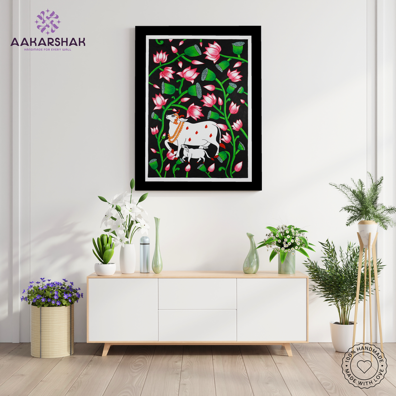 AAKARSHAK Pichwai Painting Handmade Cow Pichwai art Framed Traditional Indian paintings for Wall Living room Home decor Gifts - 17x24 Inch |(PBLR102)