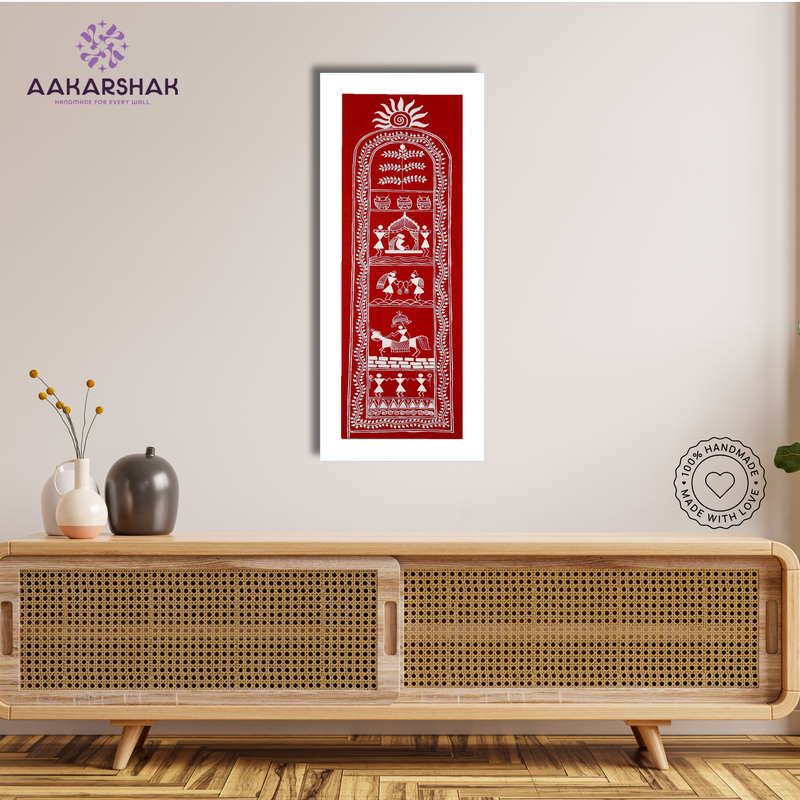 AAKARSHAK Warli Painting Handmade Wedding Warli art Framed Traditional Indian paintings for Wall Living room Home decor Gifts - 8x23 Inch |(WWLO105)