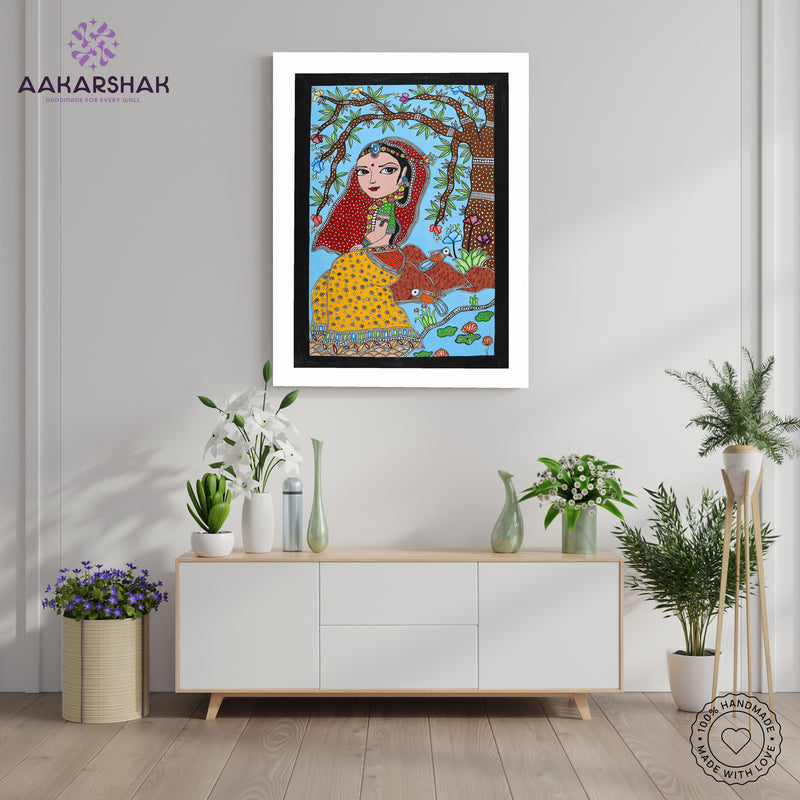 Side view of framed Madhubani artwork with acrylic glass and wooden frame