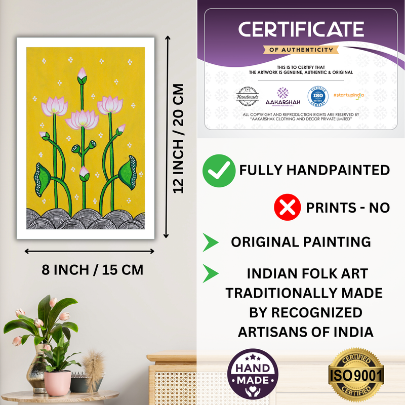 AAKARSHAK Pichwai Painting Handmade Lotus Pichwai art Framed Traditional Indian paintings for Wall Living room Home decor Gifts - 8x12 Inch |(PWSM102)