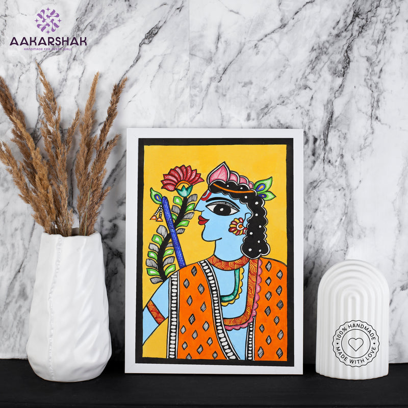 Side view of framed Madhubani artwork with acrylic glass and wooden frame