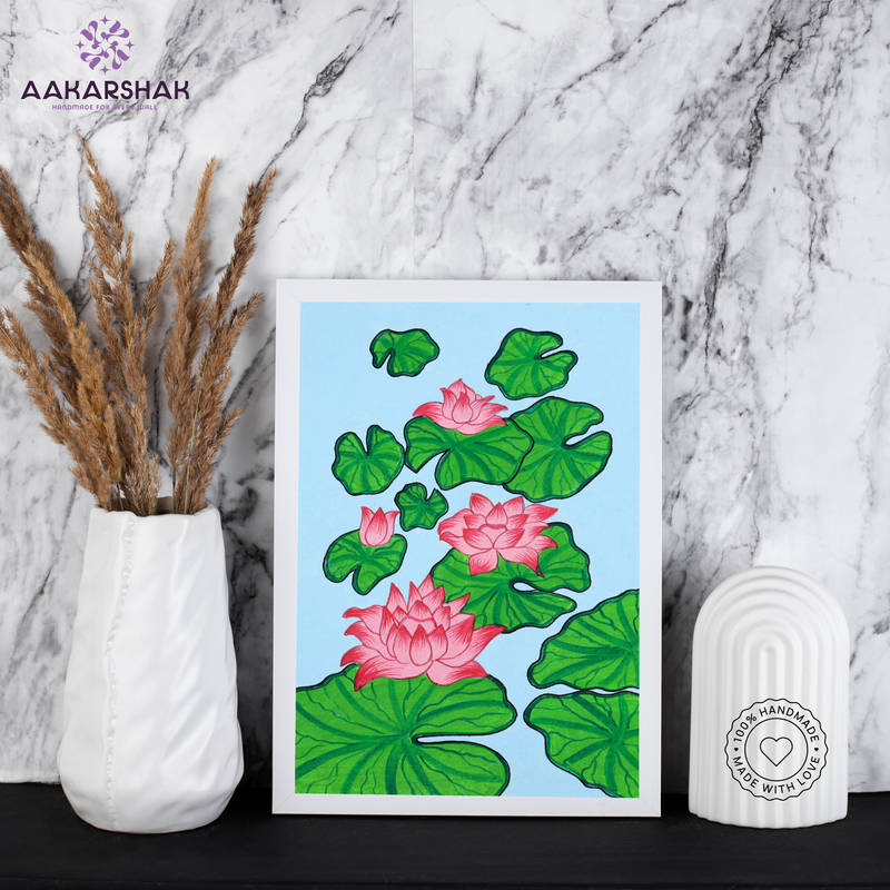 AAKARSHAK Pichwai Painting Handmade Lotus Pichwai art Framed Traditional Indian paintings for Wall Living room Home decor Gifts - 8x12 Inch |(PWSM103)