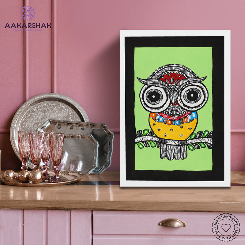 Side view of framed Madhubani artwork with acrylic glass and wooden frame