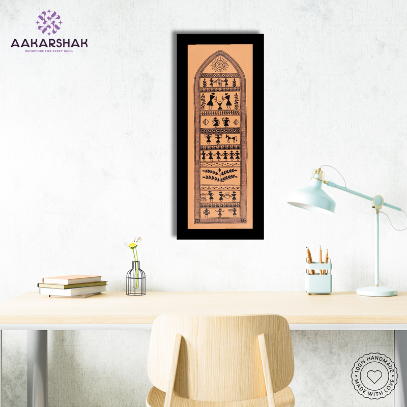 AAKARSHAK Warli Painting Handmade Village Warli art Framed Traditional Indian paintings for Wall Living room Home decor Gifts - 8x23 Inch |(WBLO105)