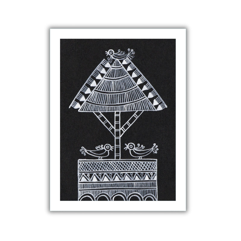 Handmade Warli painting with Tree motif, framed for wall decor – traditional tribal folk art of India