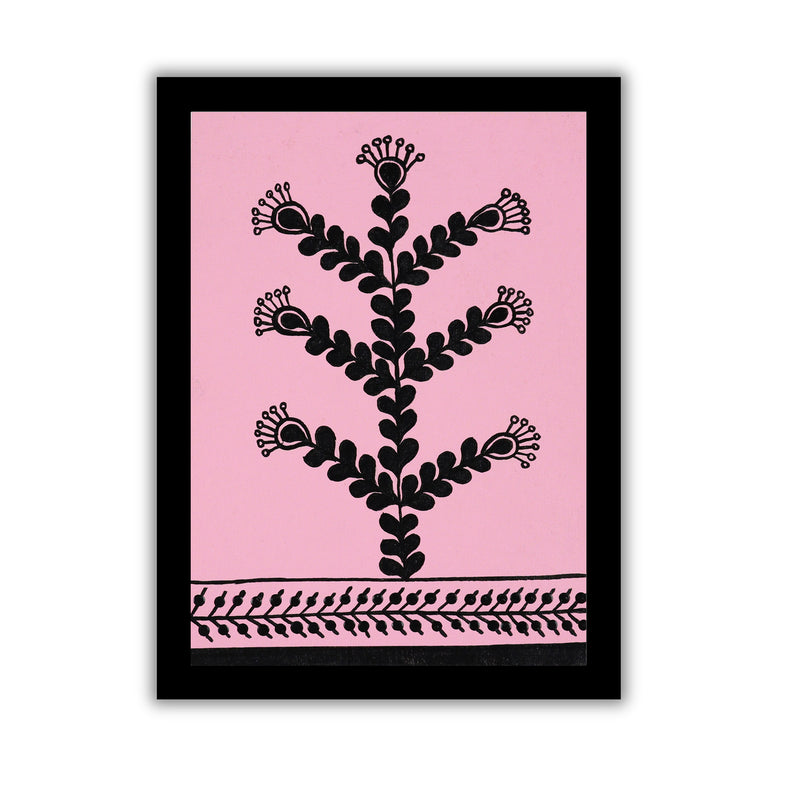 Handmade Warli painting with Flower, framed for wall decor – traditional tribal folk art of India