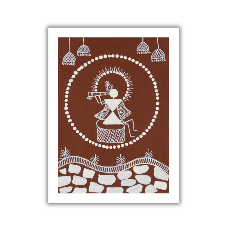 Handmade Warli painting with Krishna motif, framed for wall decor – traditional tribal folk art of India