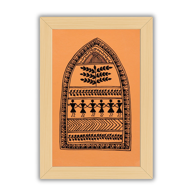 Handmade Warli painting with dancing figures, framed for wall decor – traditional tribal folk art of India