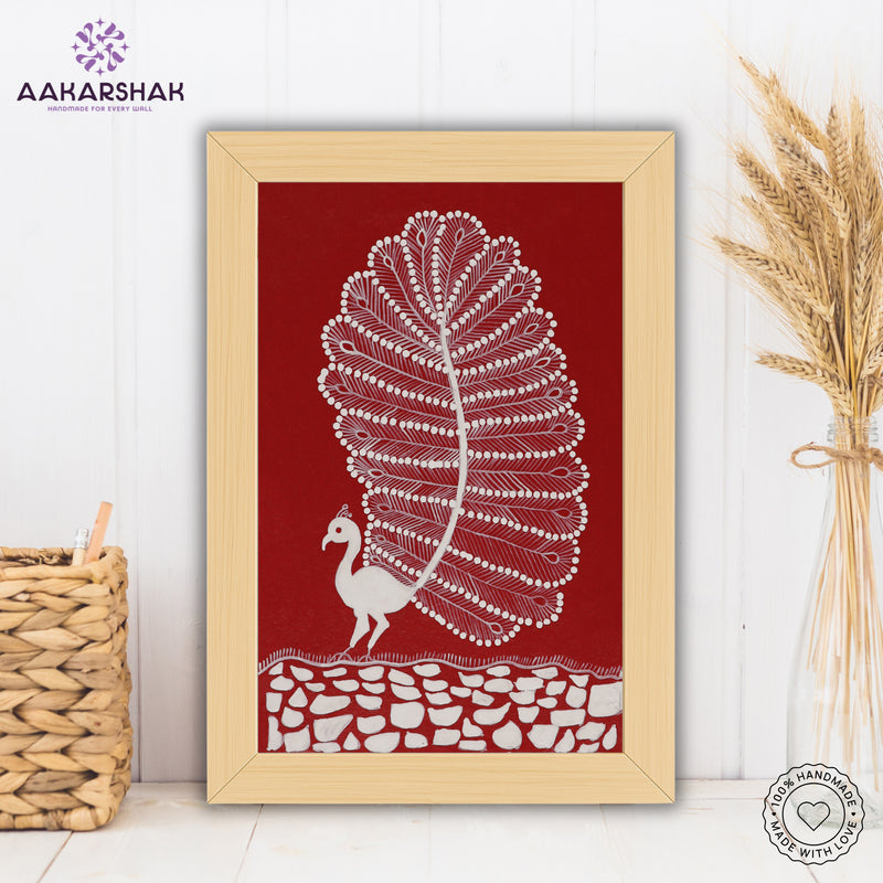 Close-up of Warli art showcasing white geometric patterns on earthy background