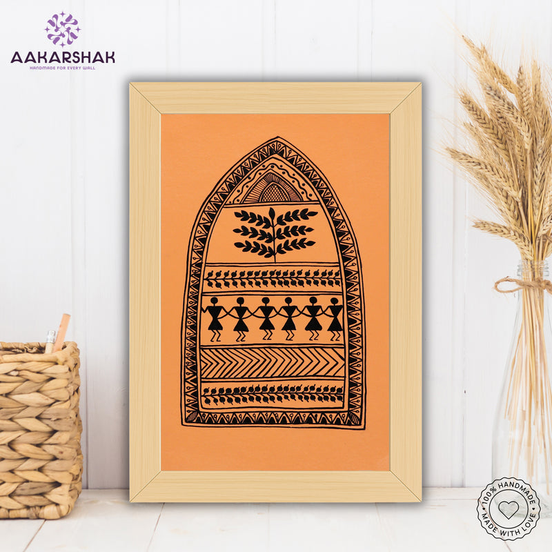 Close-up of Warli art showcasing white geometric patterns on earthy background