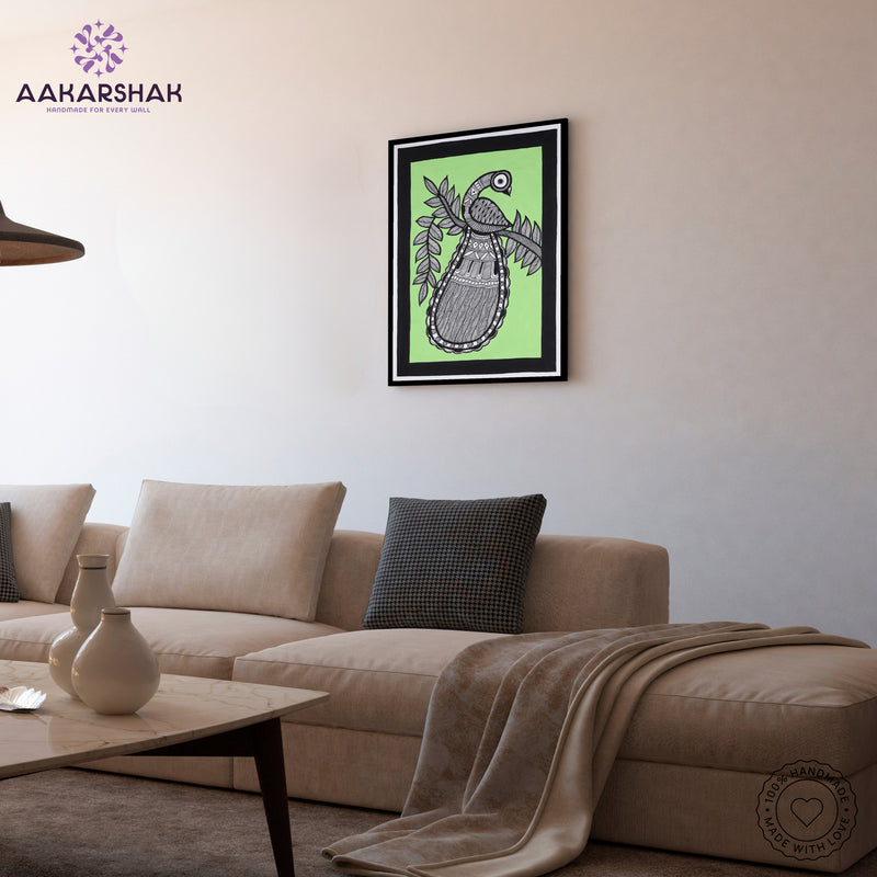 Traditional Indian wall painting displayed in modern home interior setting
