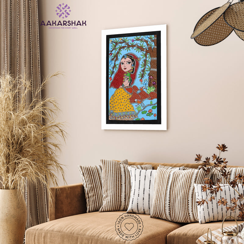 Traditional Indian wall painting displayed in modern home interior setting