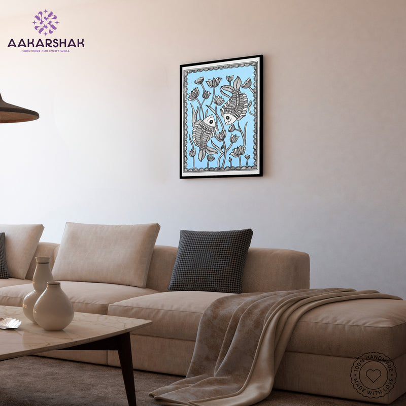 Side view of framed Madhubani artwork with acrylic glass and wooden frame