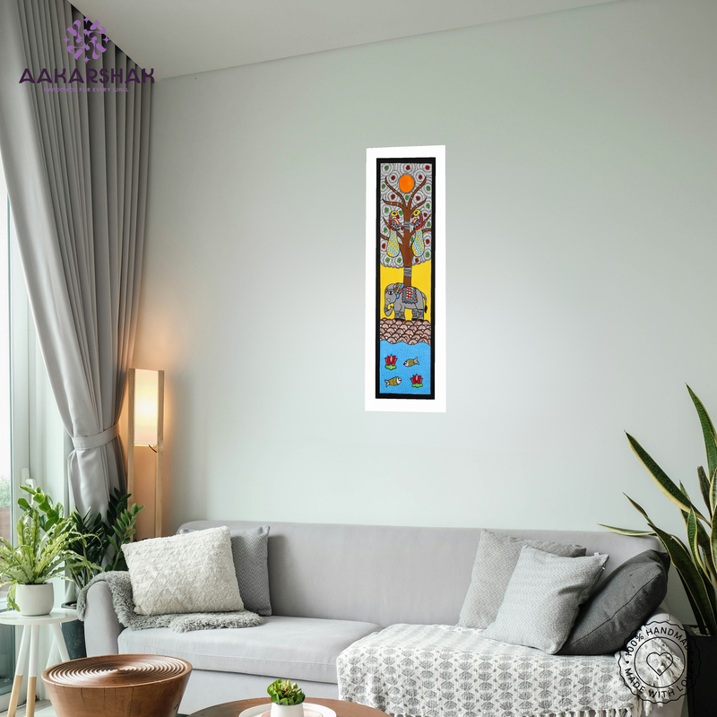 Handmade Madhubani Painting Tree of life 8x23 Inch Framed Indian Wall Decor