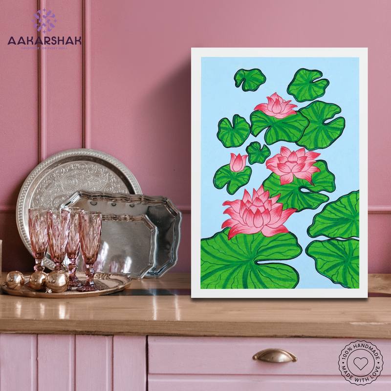 AAKARSHAK Pichwai Painting Handmade Lotus Pichwai art Framed Traditional Indian paintings for Wall Living room Home decor Gifts - 8x12 Inch |(PWSM103)