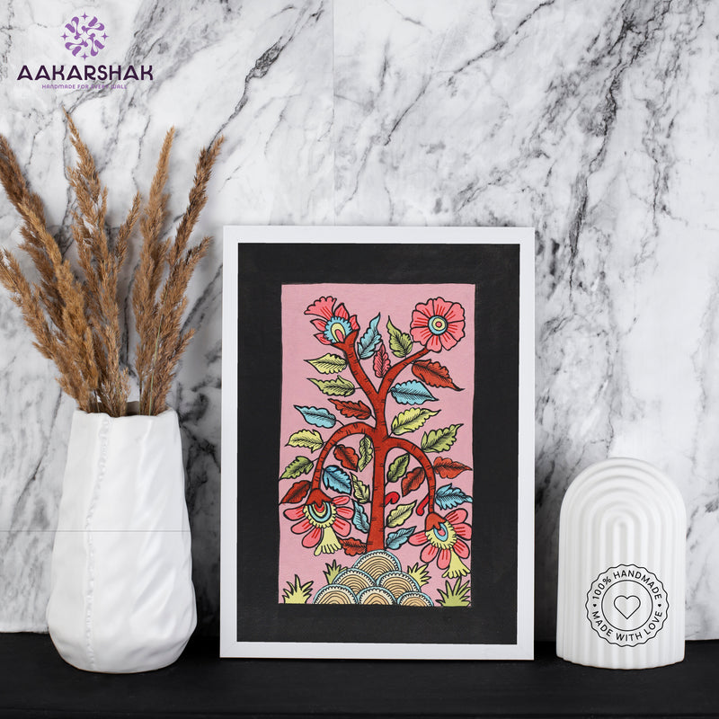 Kalamkari wall art displayed in living room – handcrafted Indian textile painting