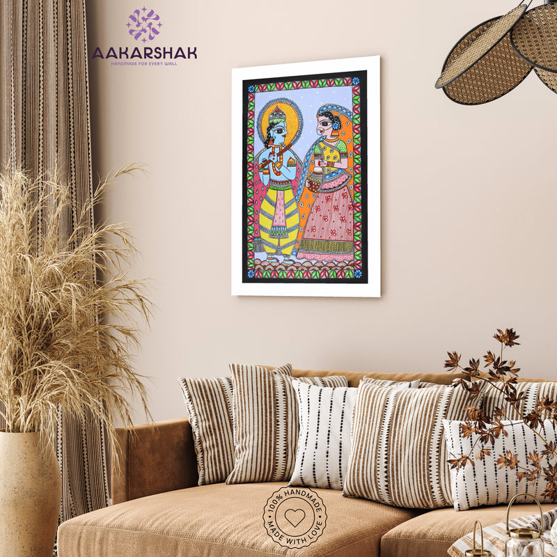 Side view of framed Madhubani artwork with acrylic glass and wooden frame