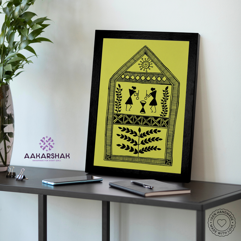 AAKARSHAK Warli Painting Handmade Village of Life Warli art Framed Traditional Indian paintings for Wall Living room Home decor Gifts - 8x12 Inch |(WBS105)