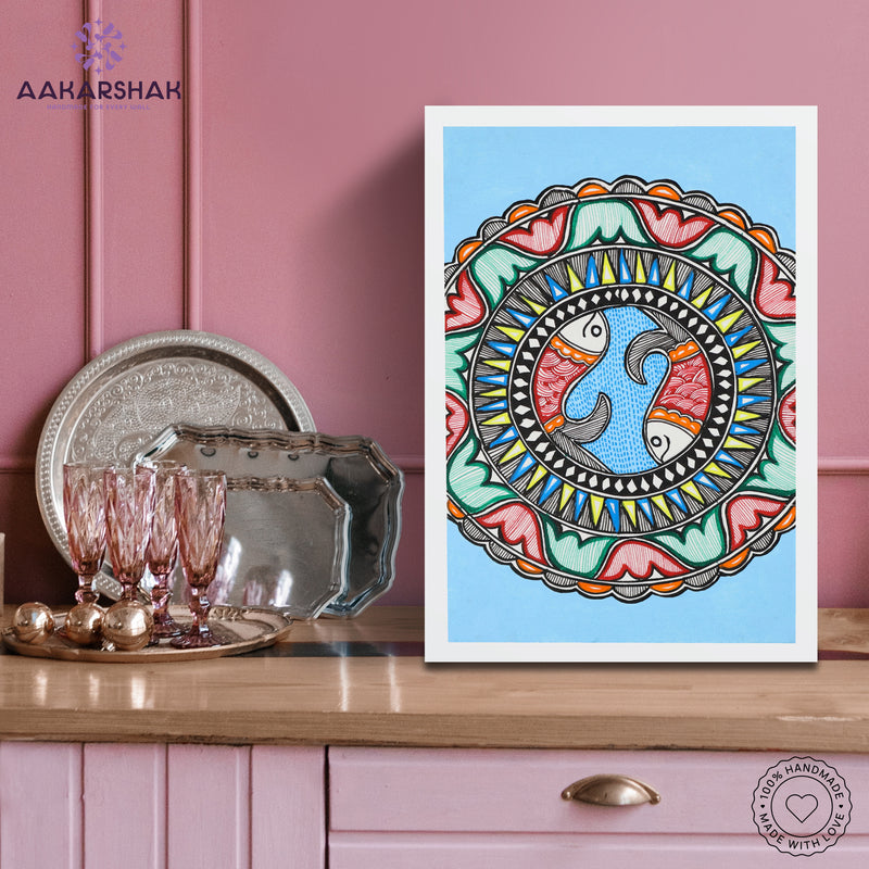 Traditional Indian wall painting displayed in modern home interior setting