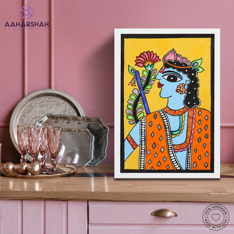Traditional Indian wall painting displayed in modern home interior setting