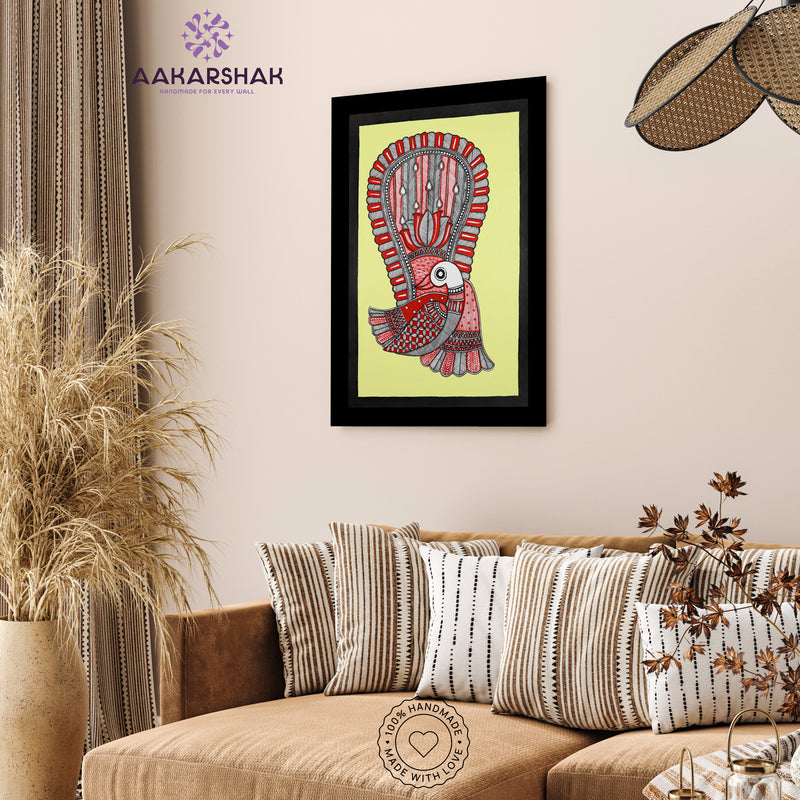 Traditional Indian wall painting displayed in modern home interior setting