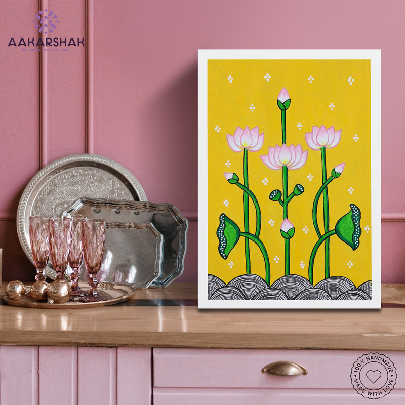 AAKARSHAK Pichwai Painting Handmade Lotus Pichwai art Framed Traditional Indian paintings for Wall Living room Home decor Gifts - 8x12 Inch |(PWSM102)