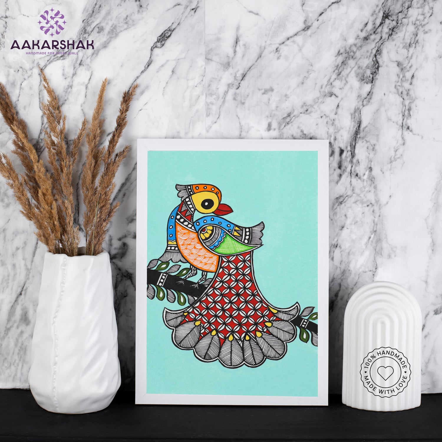 Traditional Indian wall painting displayed in modern home interior setting

