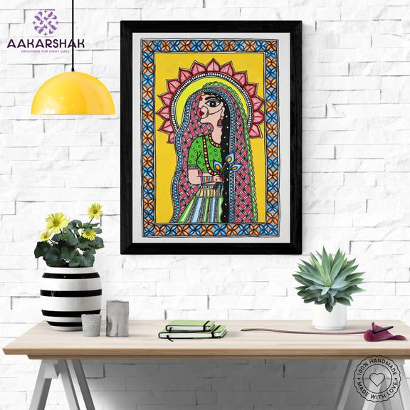 Close-up of detailed brushwork and traditional patterns in Madhubani painting

