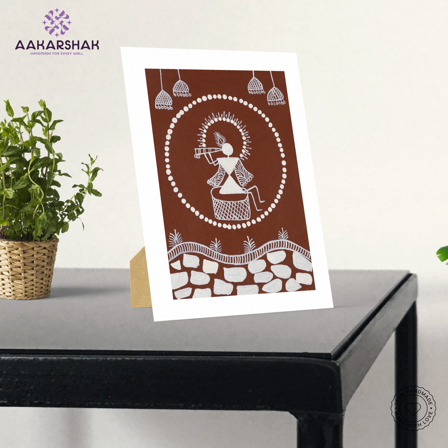 Close-up of Warli art showcasing white geometric patterns on earthy background
