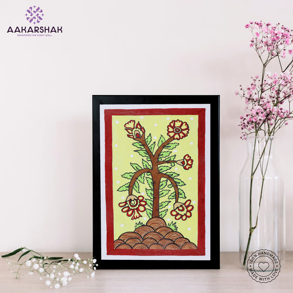 Detailed brushwork and natural dyes in authentic Kalamkari painting on cotton fabric

