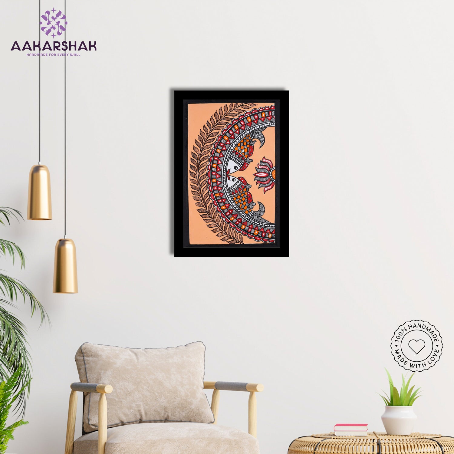 Side view of framed Madhubani artwork with acrylic glass and wooden frame
