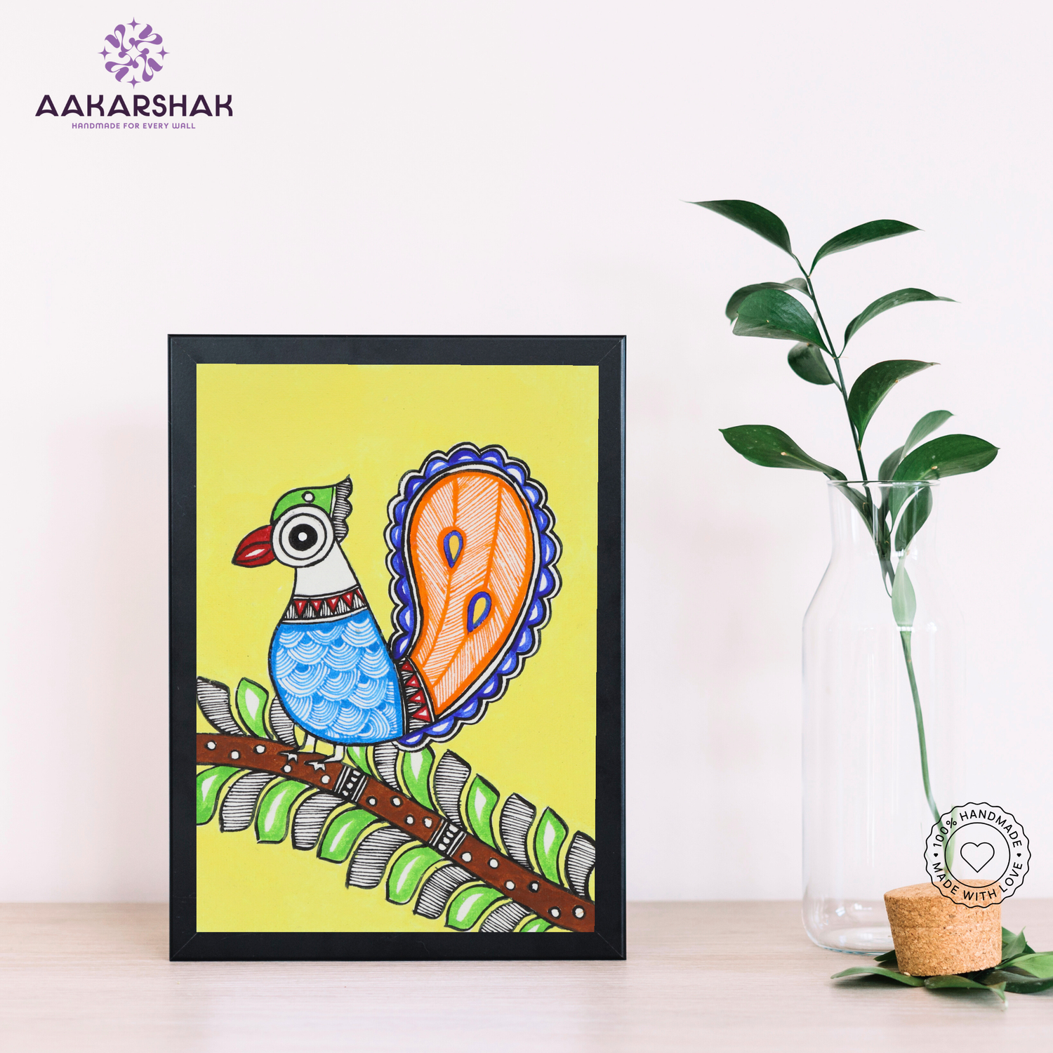 Colorful Peacock artwork – traditional Madhubani painting for home wall décor