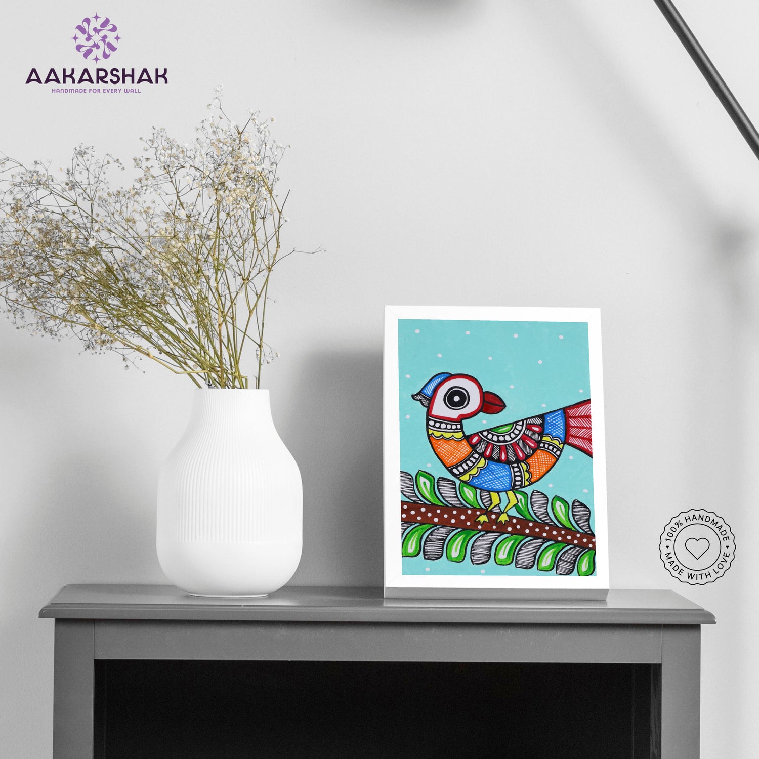 Side view of framed Madhubani artwork with acrylic glass and wooden frame
