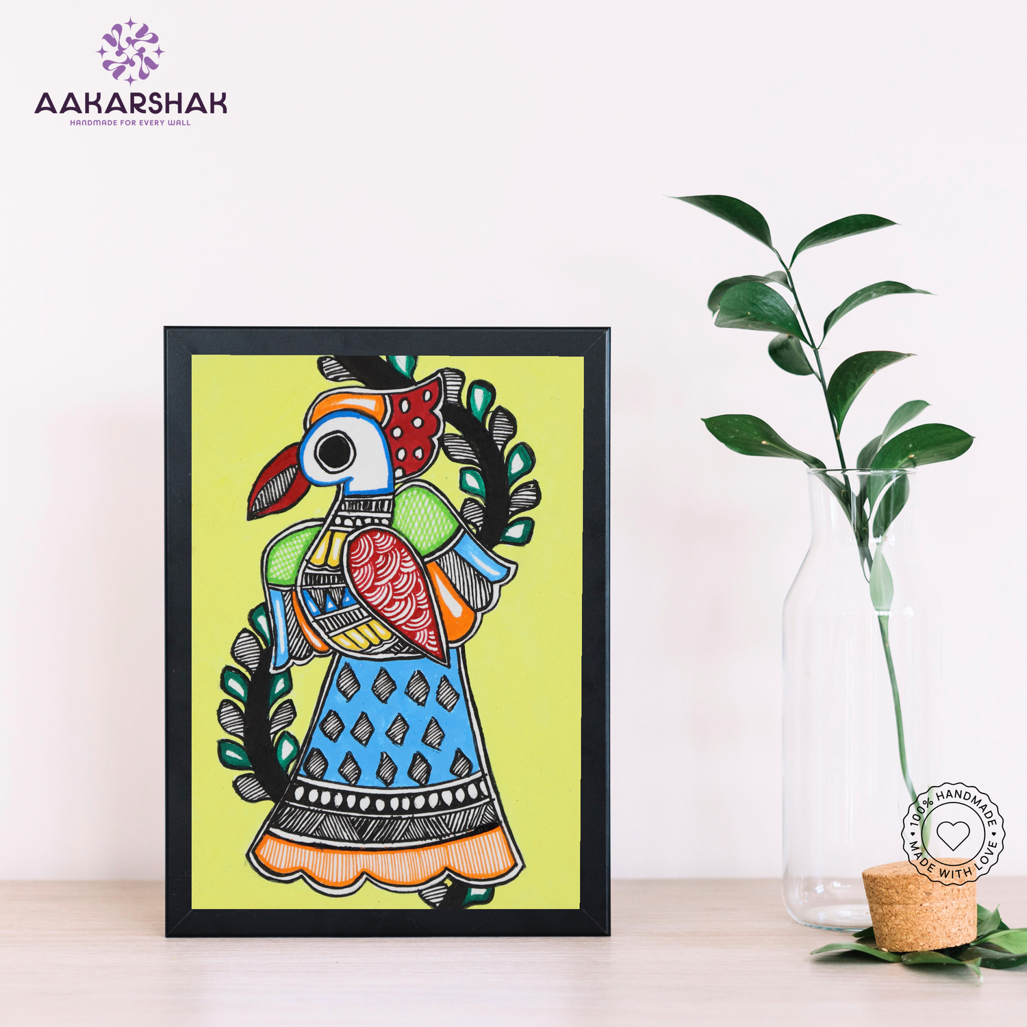 Decorative wall art – handmade Peacock Madhubani painting from Bihar, India