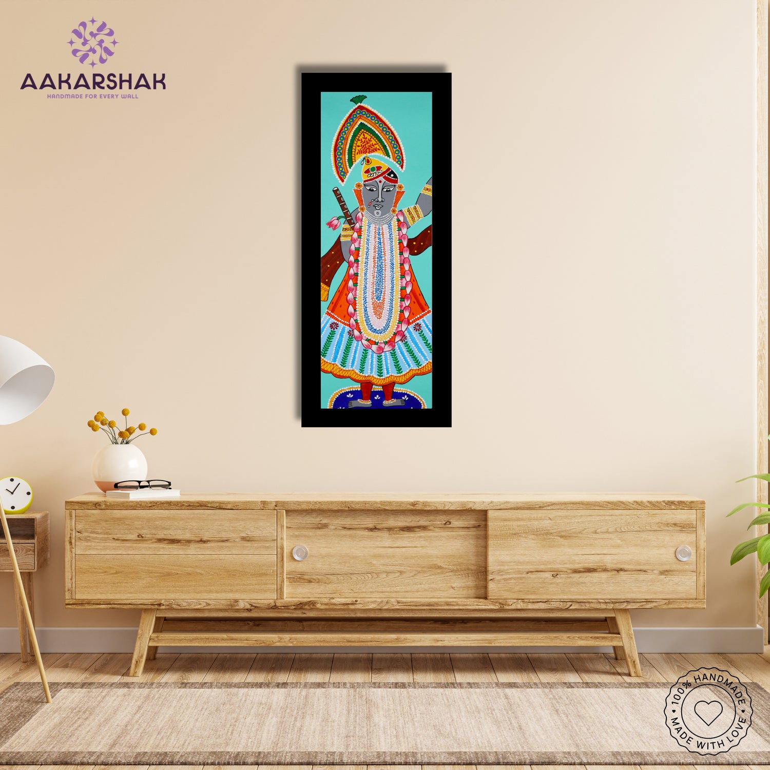 Traditional Pichwai painting on cloth with detailed background motifs – framed and ready to hang
