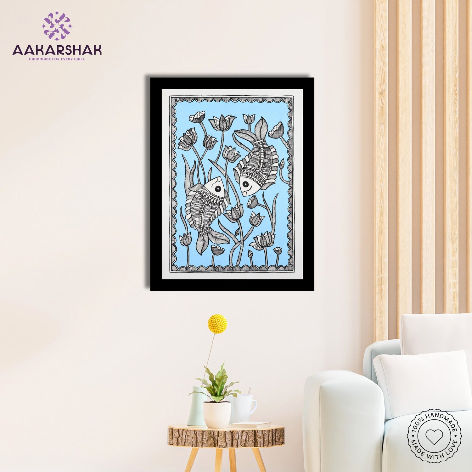 Traditional Indian wall painting displayed in modern home interior setting
