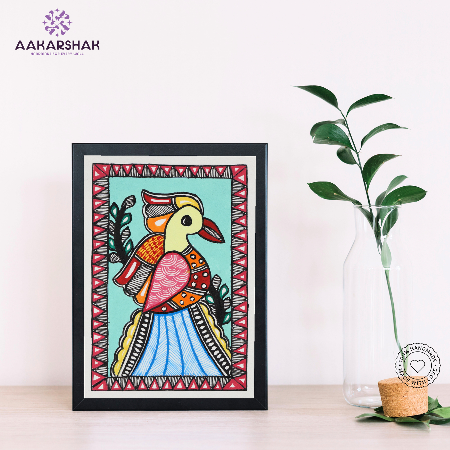 Handmade Peacock Madhubani painting in traditional Mithila art style