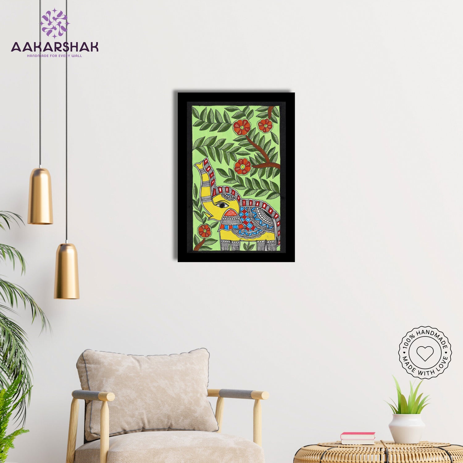 Side view of framed Madhubani artwork with acrylic glass and wooden frame
