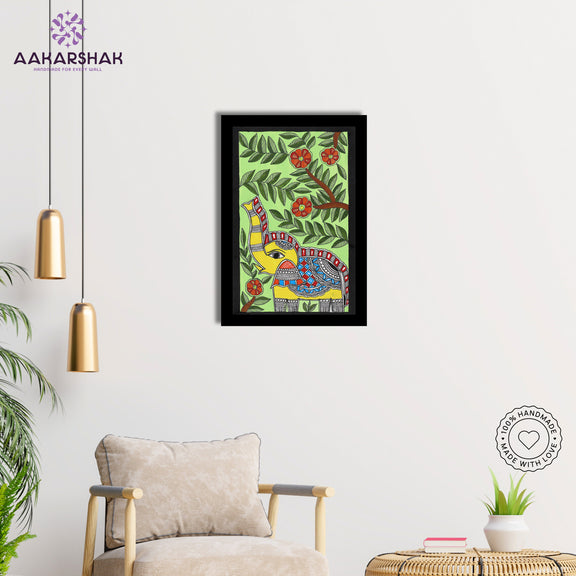 Side view of framed Madhubani artwork with acrylic glass and wooden frame

