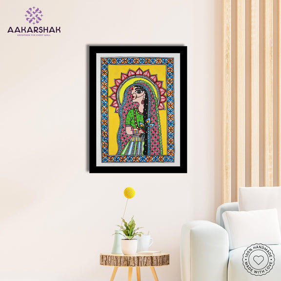 Side view of framed Madhubani artwork with acrylic glass and wooden frame
