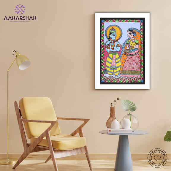 Traditional Indian wall painting displayed in modern home interior setting

