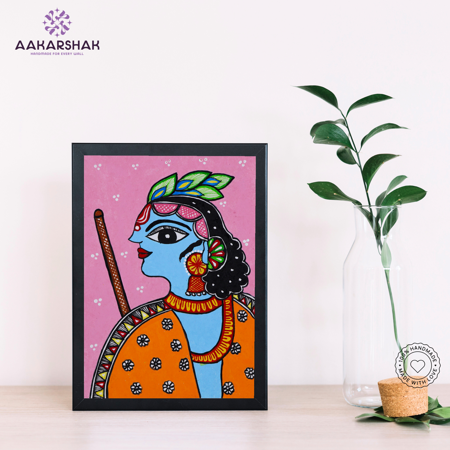 handmade lord Krishna portrait in Madhubani style 