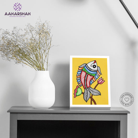 Side view of framed Madhubani artwork with acrylic glass and wooden frame
