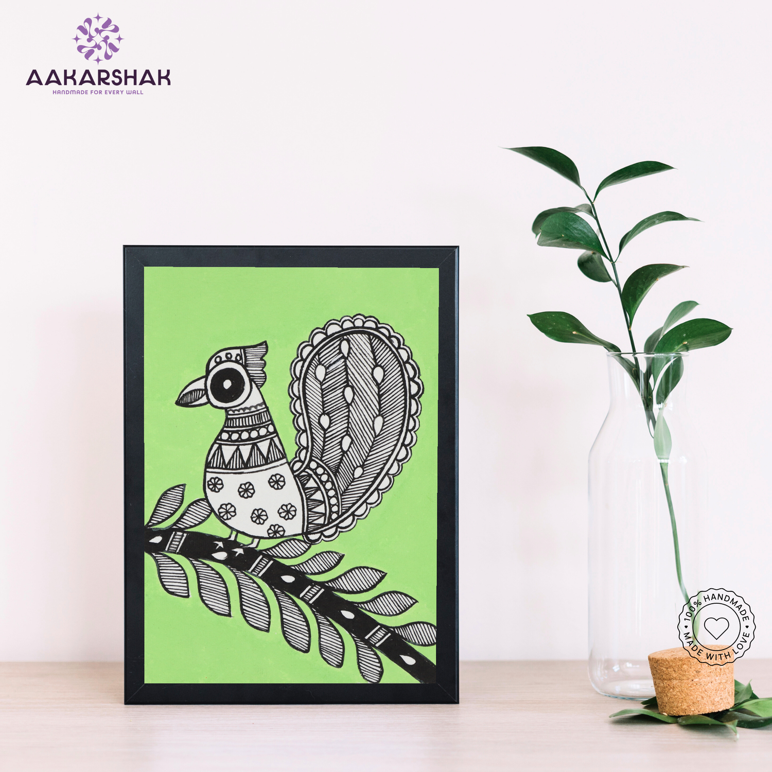 madhubani style framed painting of peacock