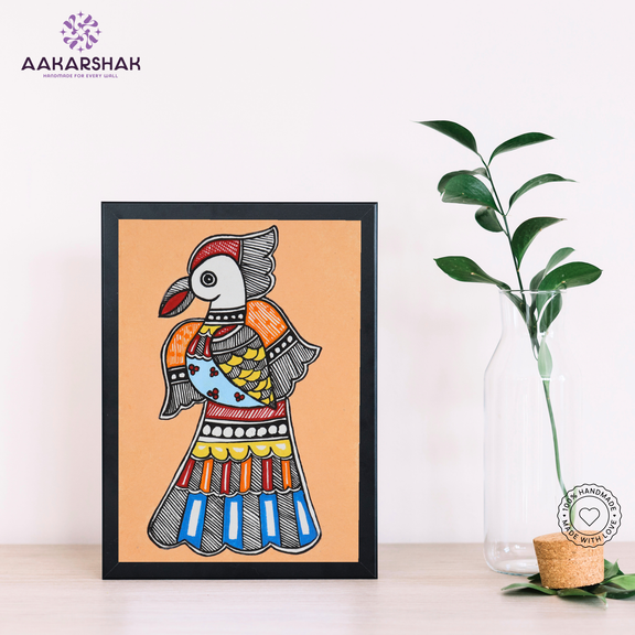 Mithila painting featuring a hand-painted peacock