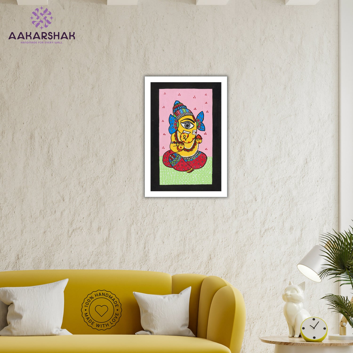 Traditional Indian wall painting displayed in modern home interior setting
